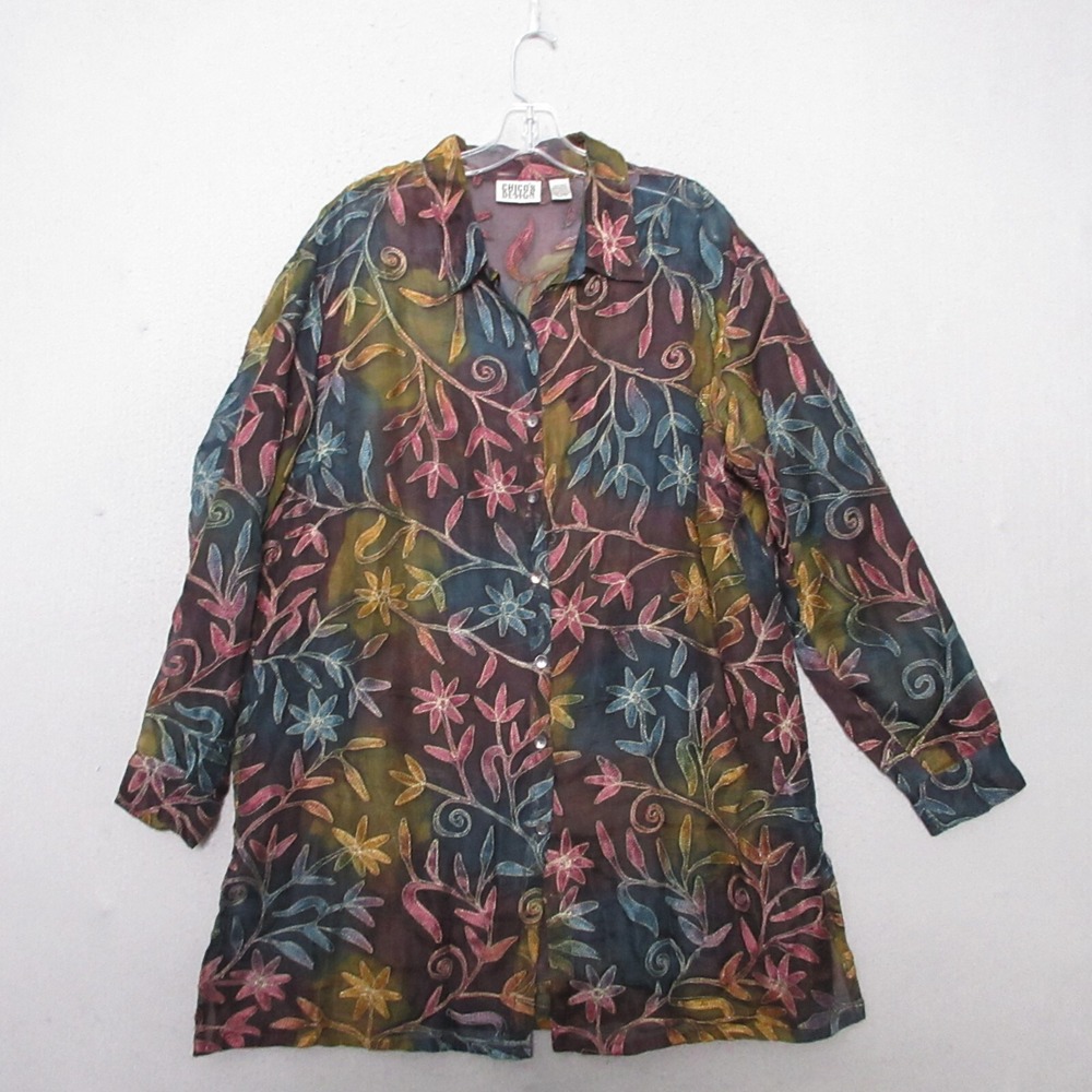 Vintage Chicos Design Top 3 or XL Floral Embroidered Silk Boho Sheer Artsy Rare‎
